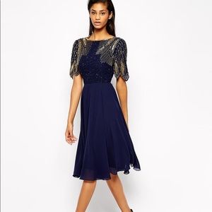 NWT Virgos lounge Lena MIDI dress Navy Gold beading